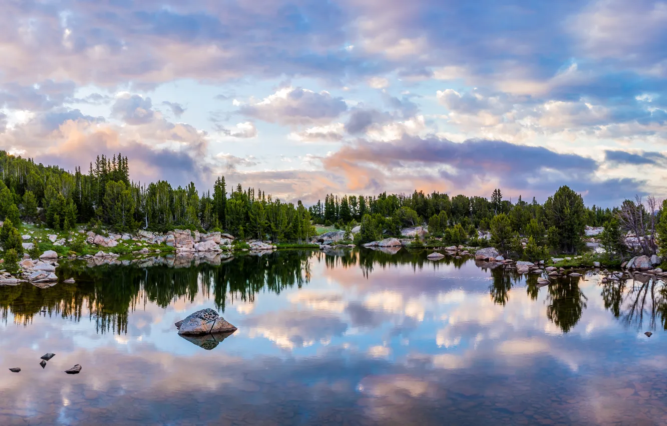 Photo wallpaper forest, the sky, water, clouds, trees, lake, reflection, stones