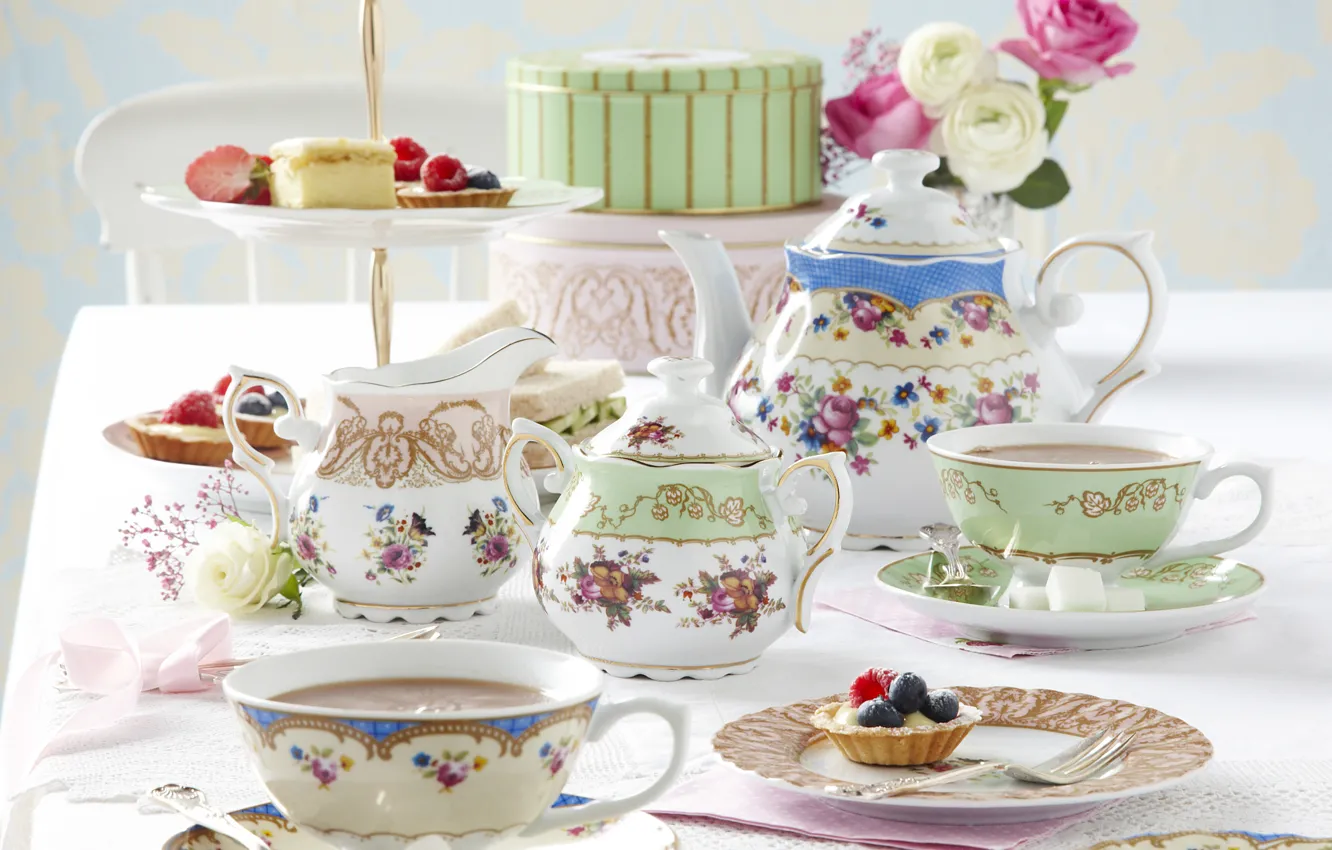 Photo wallpaper flowers, tea, cake, tradition, Afternoon tea, afternoon tea