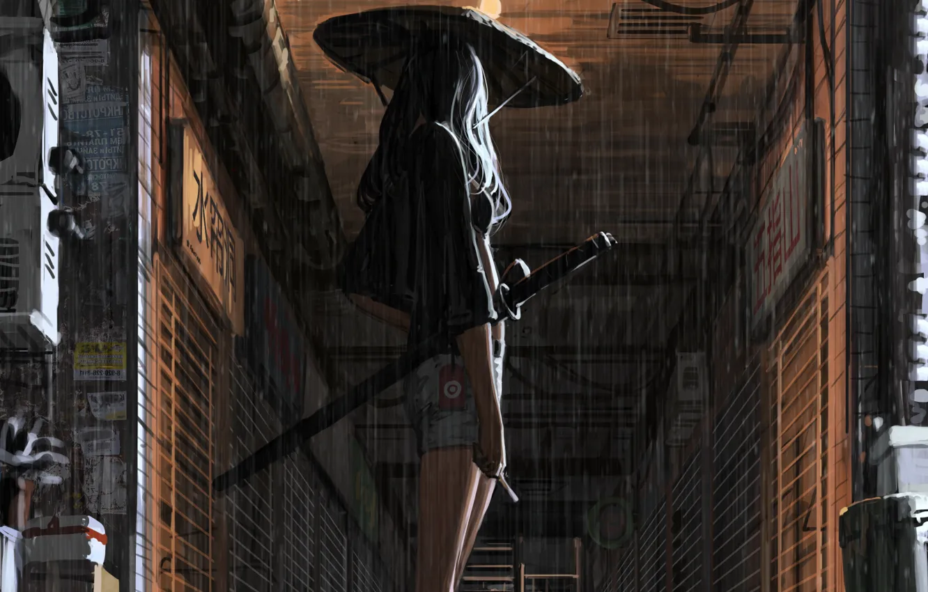Photo wallpaper girl, weapons, rain, back, Japan, art