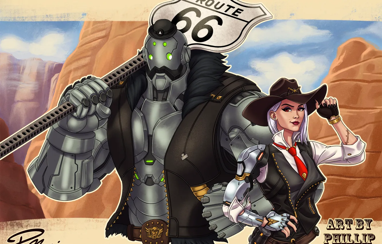 Photo wallpaper robot, hat, art, road sign, Ashe, Bob, Overwatch, Elizabeth Caledonia