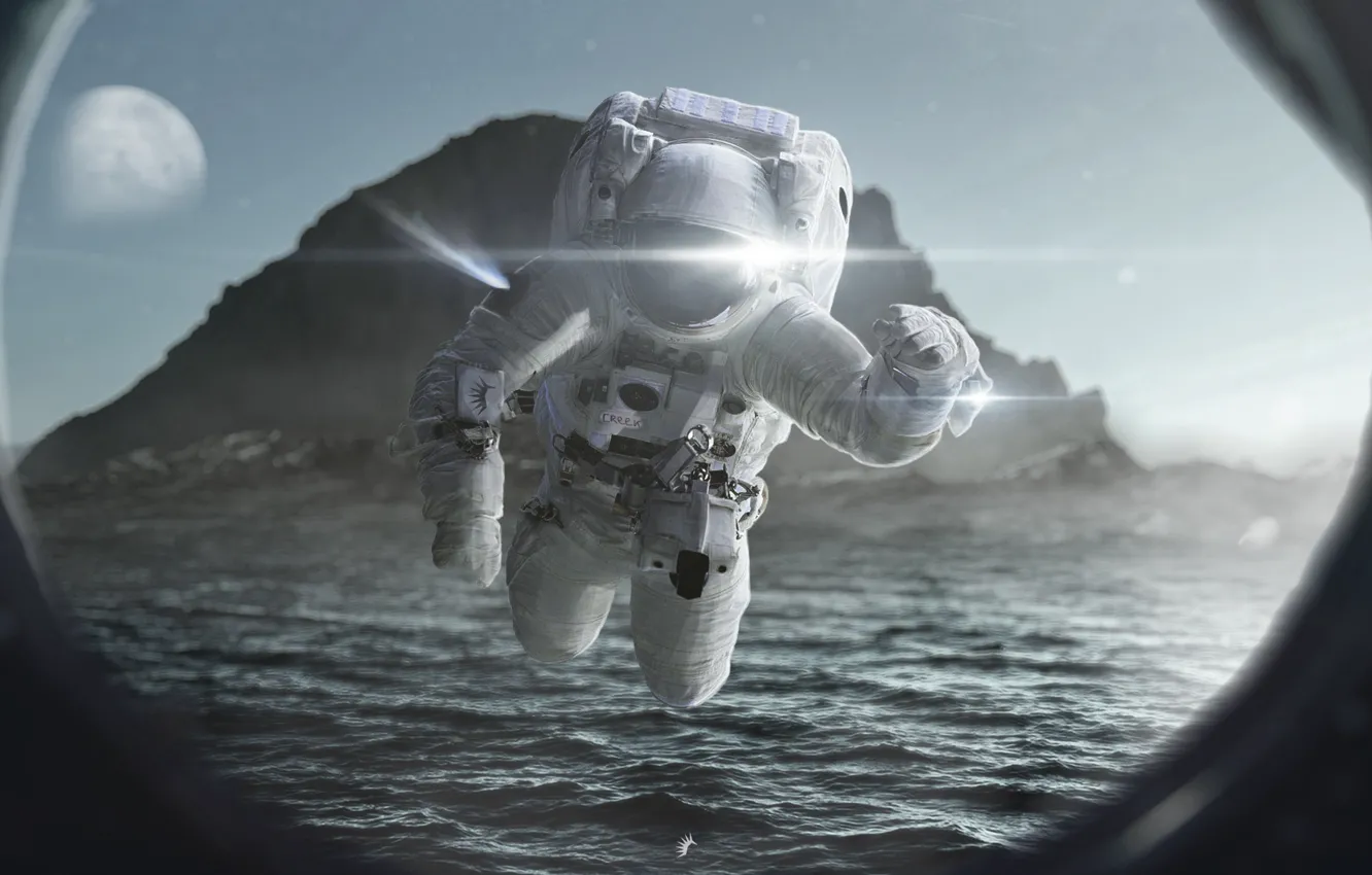 Photo wallpaper water, space, stars, fiction, planet, astronaut, spaceship, astronaut
