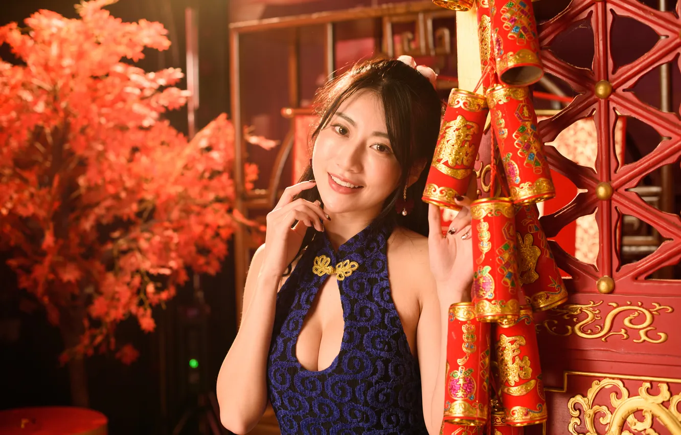 Photo wallpaper look, smile, dress, Asian, neckline