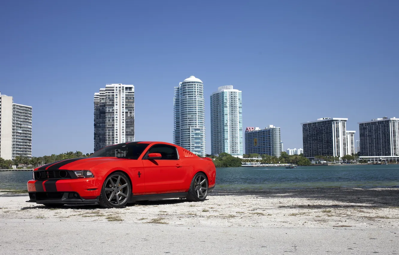 Photo wallpaper Mustang, Ford, red, Miami, beach