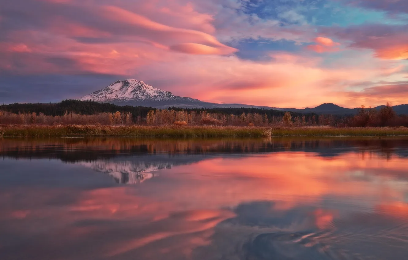 Photo wallpaper forest, mountains, nature, lake, reflection, dawn