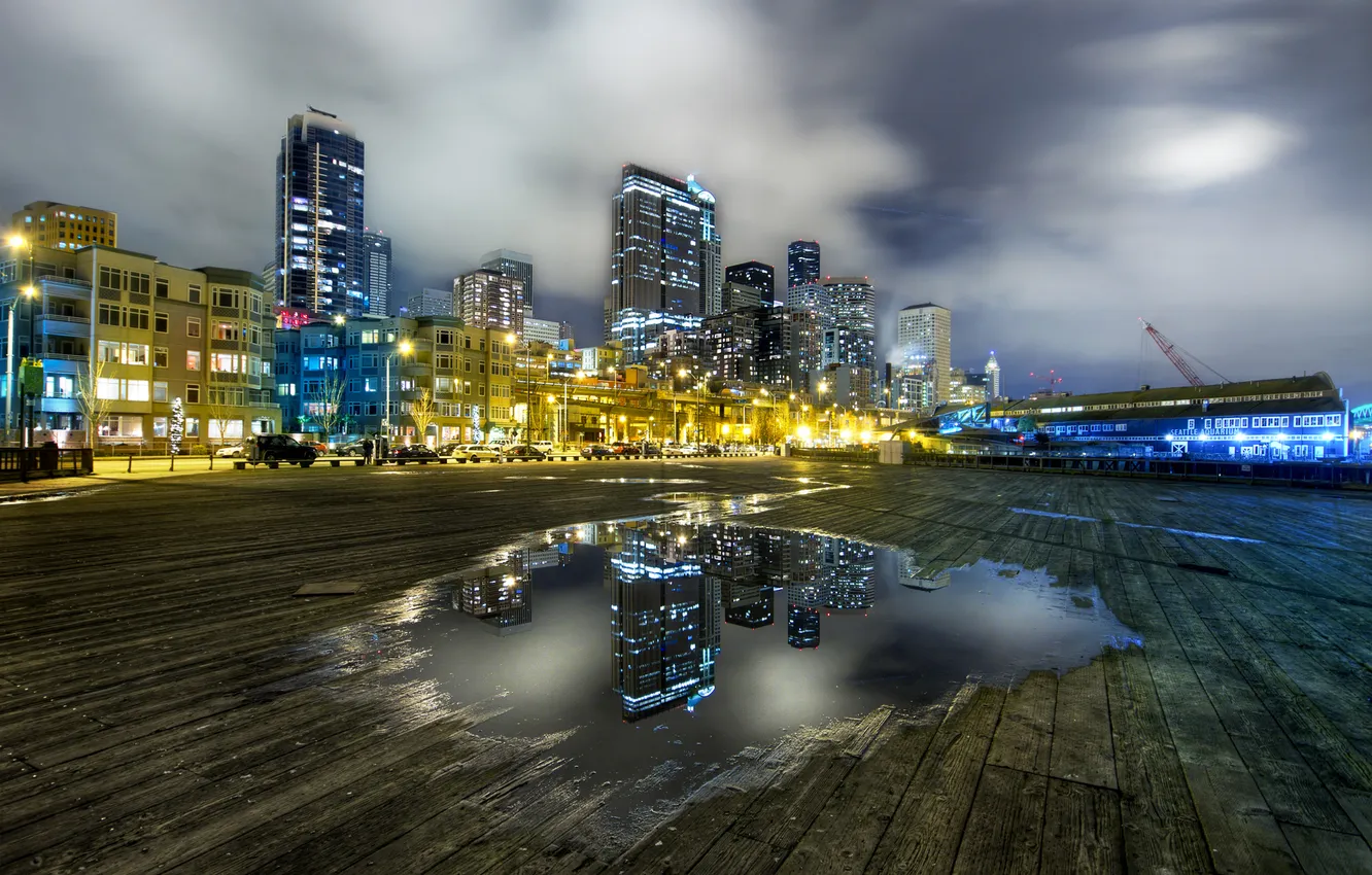 Photo wallpaper the city, lights, reflection, Board, morning, puddle, USA, the gray sky