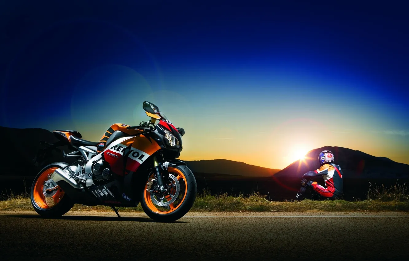 Photo wallpaper sunset, glare, motorcycle, Honda, motorcyclist, Honda, cbr, fireblade