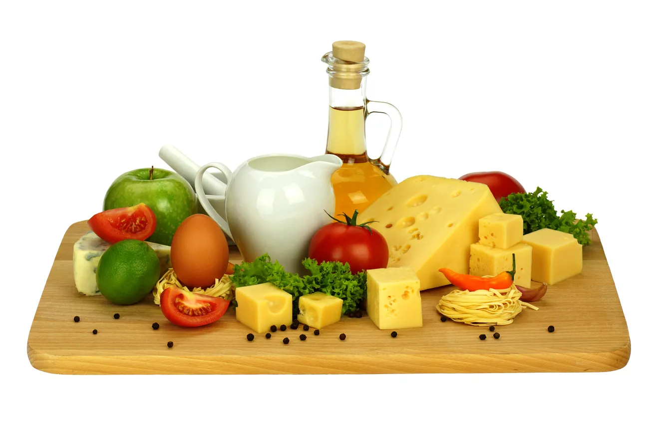 Photo wallpaper apples, oil, eggs, cheese, lime, tomatoes, spaghetti, black pepper