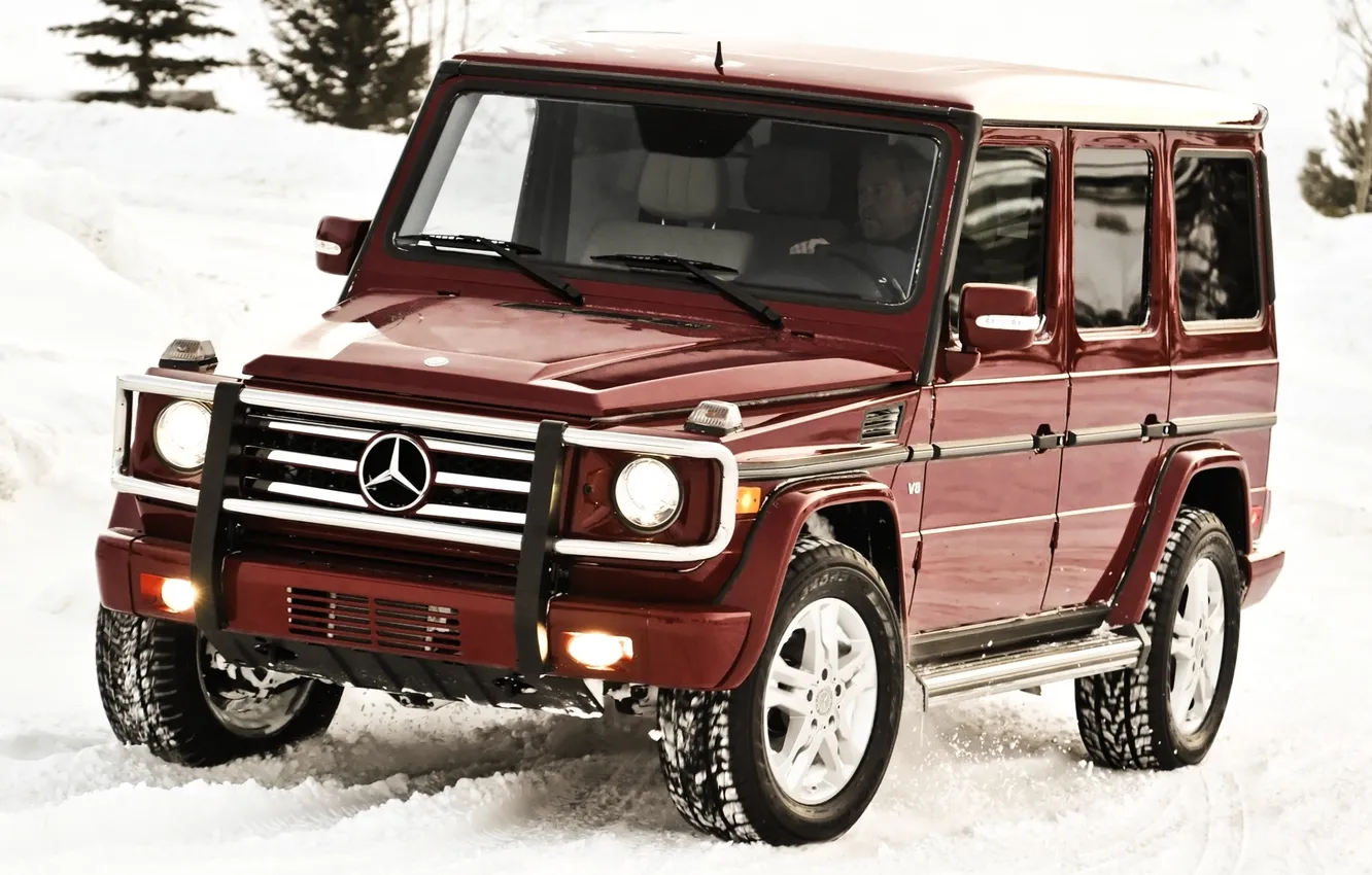 Photo wallpaper snow, red, Mercedes-Benz, jeep, Mercedes, AMG, G55, Kompressor