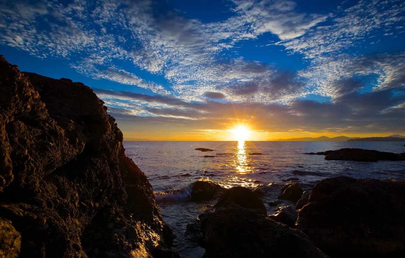 Photo wallpaper sea, wave, the sky, clouds, landscape, sunset, nature, stones
