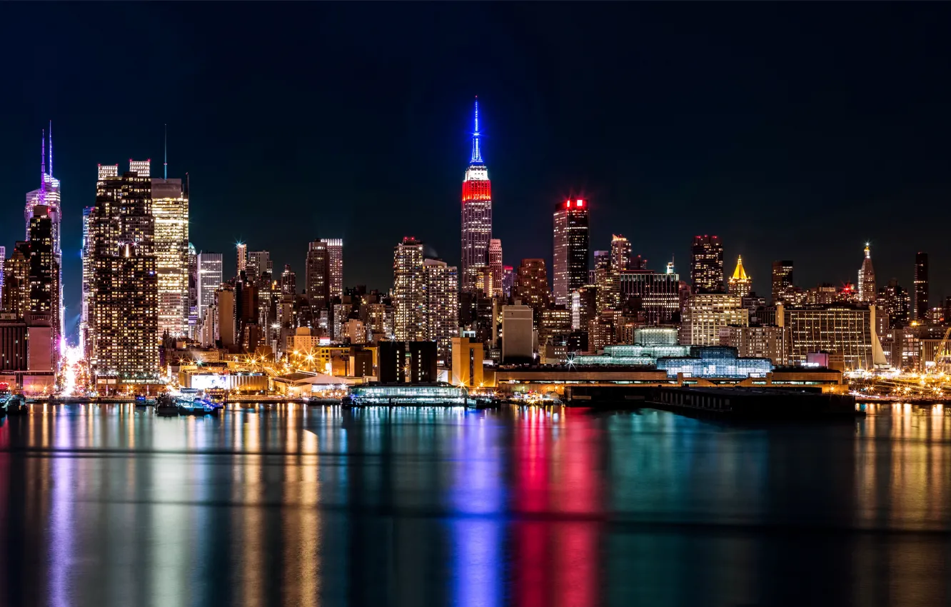 Photo wallpaper city, lights, USA, Brooklyn, night, New York, Manhattan, skyscrapers