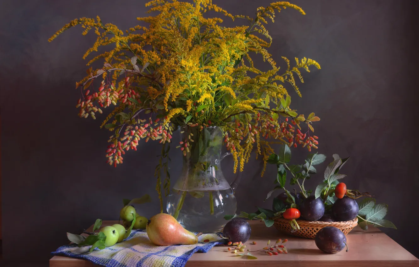 Photo wallpaper autumn, bouquet, briar, still life, plum, pear