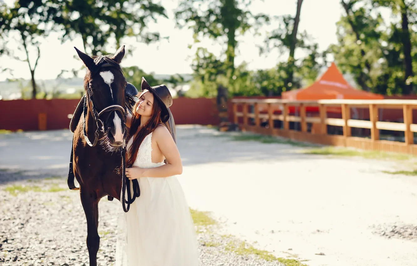 Photo wallpaper light, horse, horse, the fence, hat, girl, white dress, communication