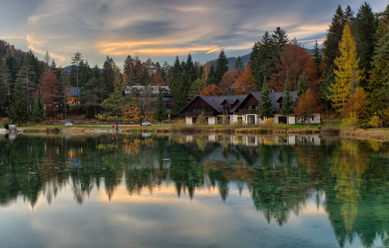Photo wallpaper autumn, forest, the sky, clouds, trees, landscape, lake, reflection