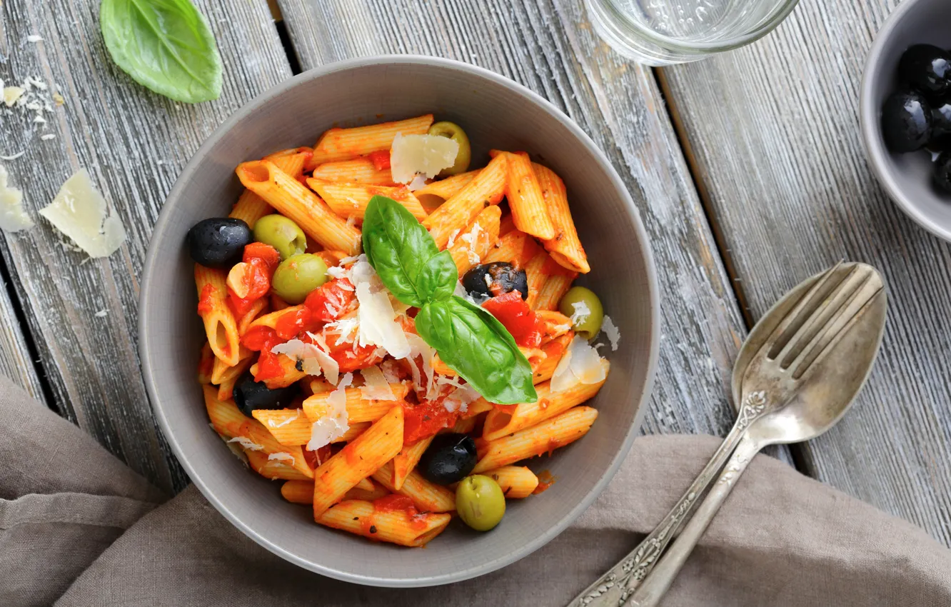 Photo wallpaper food, olives, Parmesan, tomato, Basil, olive, pasta, parmesan