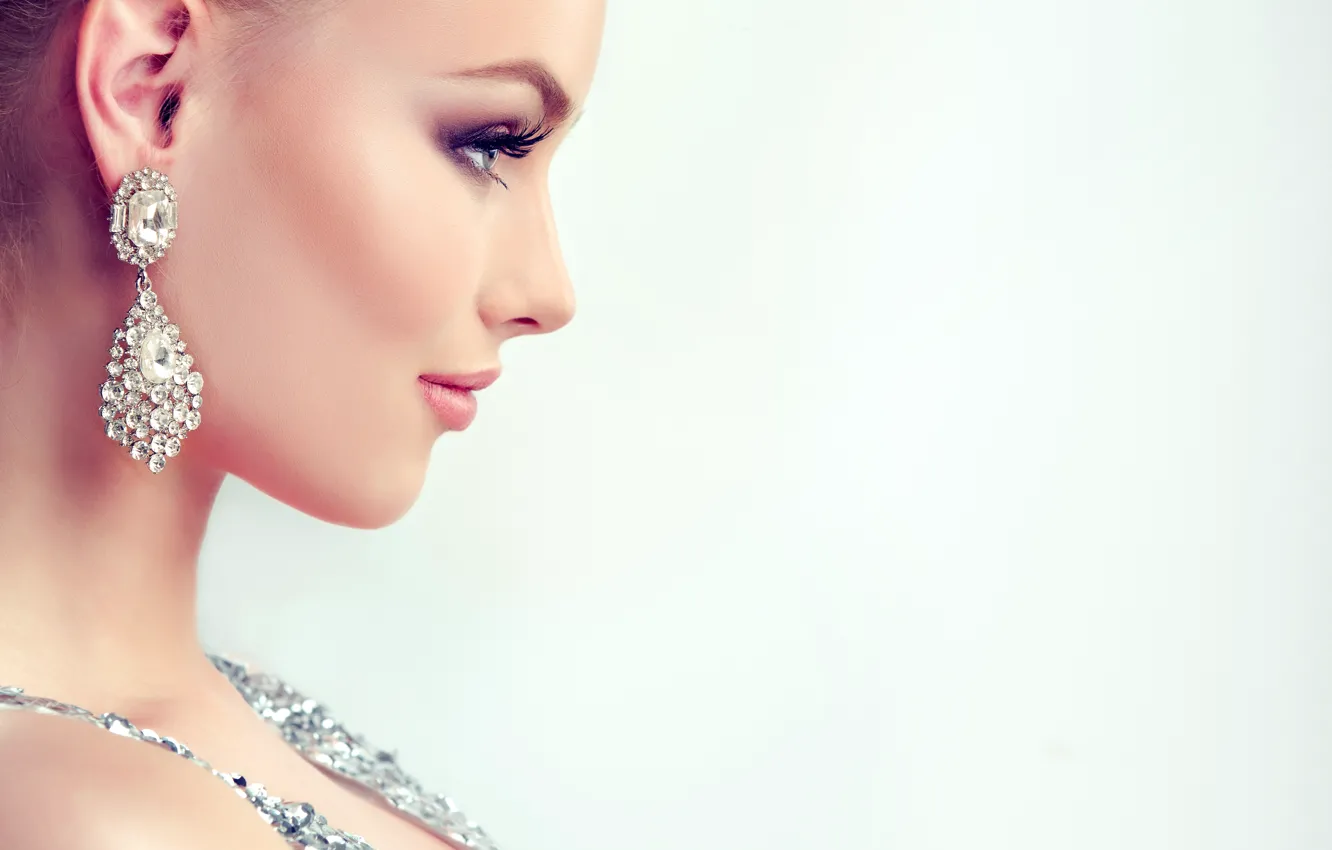 Photo wallpaper look, girl, eyelashes, style, makeup, hairstyle, profile, earrings