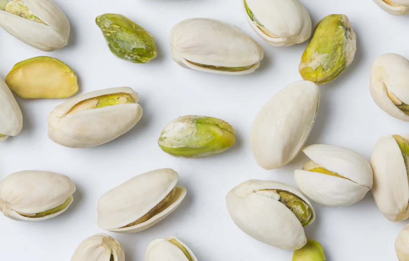 Photo wallpaper white background, nuts, nuts, pistachios, pistachio