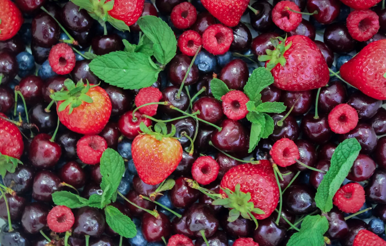 Photo wallpaper berries, raspberry, strawberry, fruit, cherry, blueberries