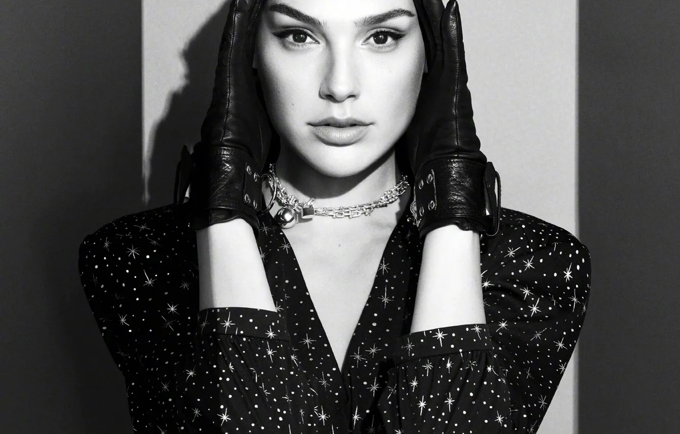 Photo wallpaper portrait, makeup, dress, actress, hairstyle, gloves, black and white, beauty