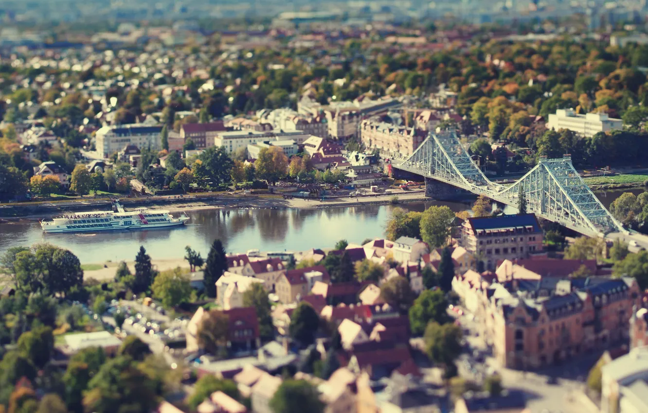 Photo wallpaper autumn, bridge, the city, river, home, Germany, Dresden, tilt shift