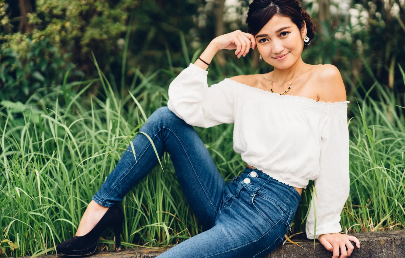Photo wallpaper girl, grass, blouse, beautiful, short hair, pretty, jeans, asian