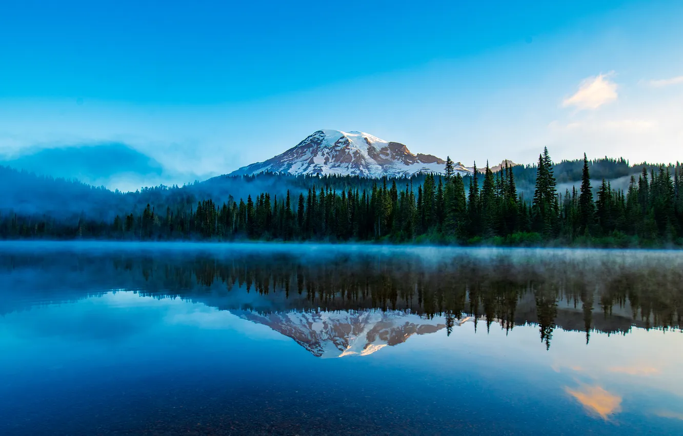 Photo wallpaper forest, the sky, mountains, fog, lake, reflection, blue, shore