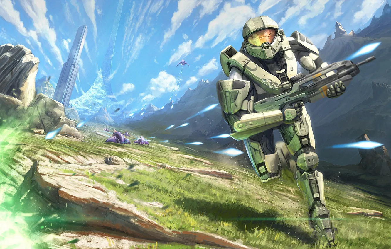 Photo wallpaper gun, grass, fantasy, game, Ghost, soldier, armor, sky