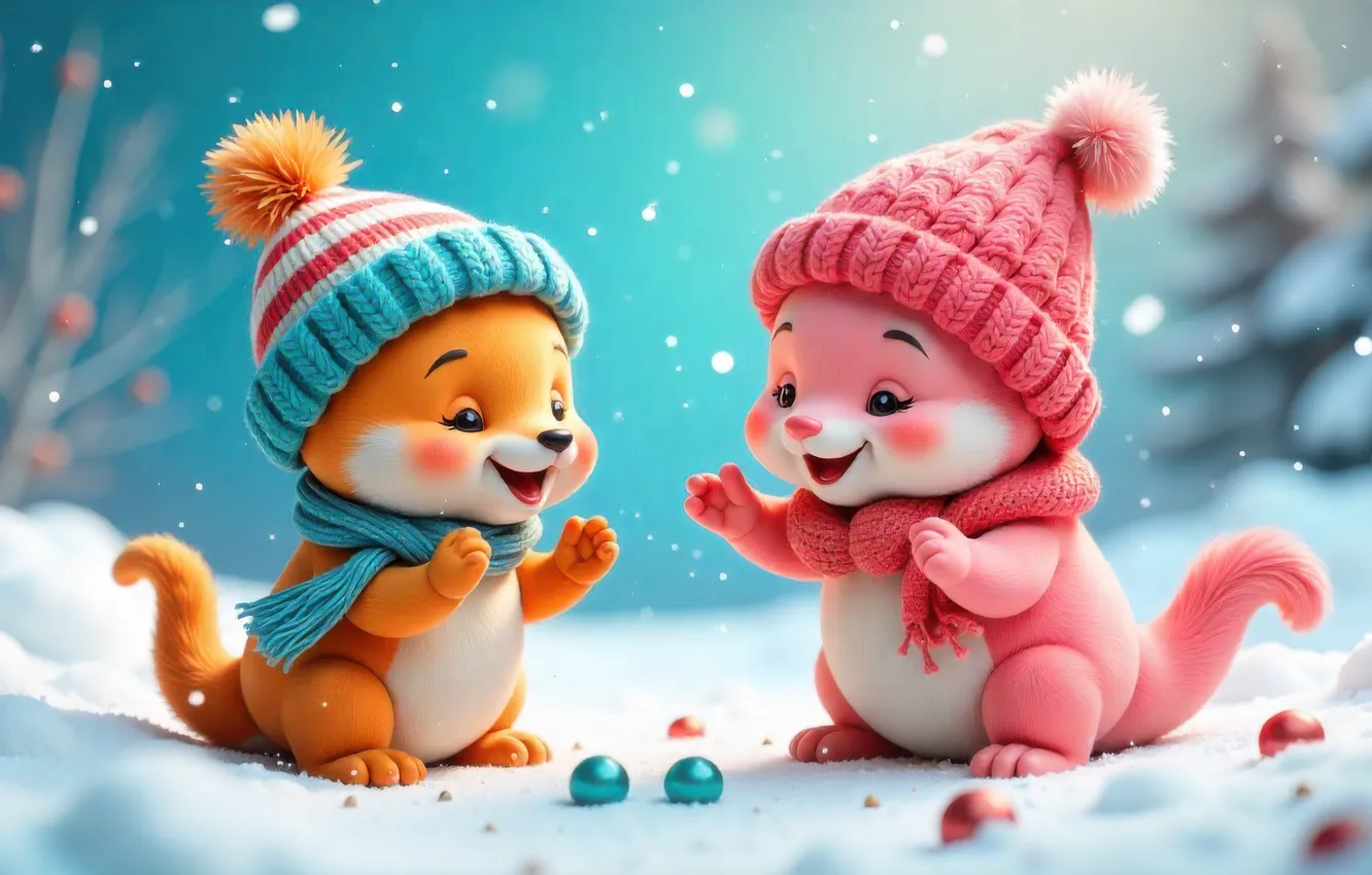 Photo wallpaper winter, balls, snow, the game, new year, protein, Christmas, red