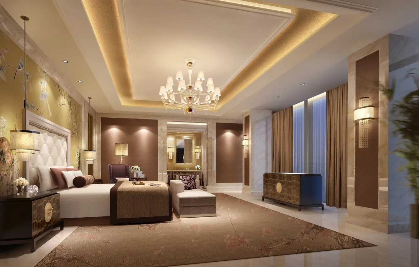 Photo wallpaper design, bed, interior, bedroom, Luxury