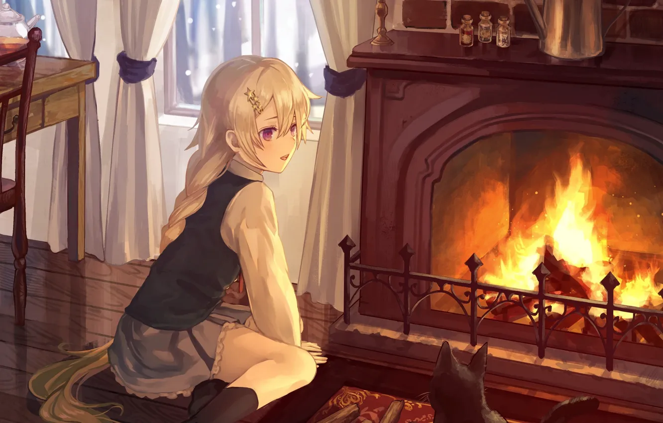 Photo wallpaper cat, girl, fireplace