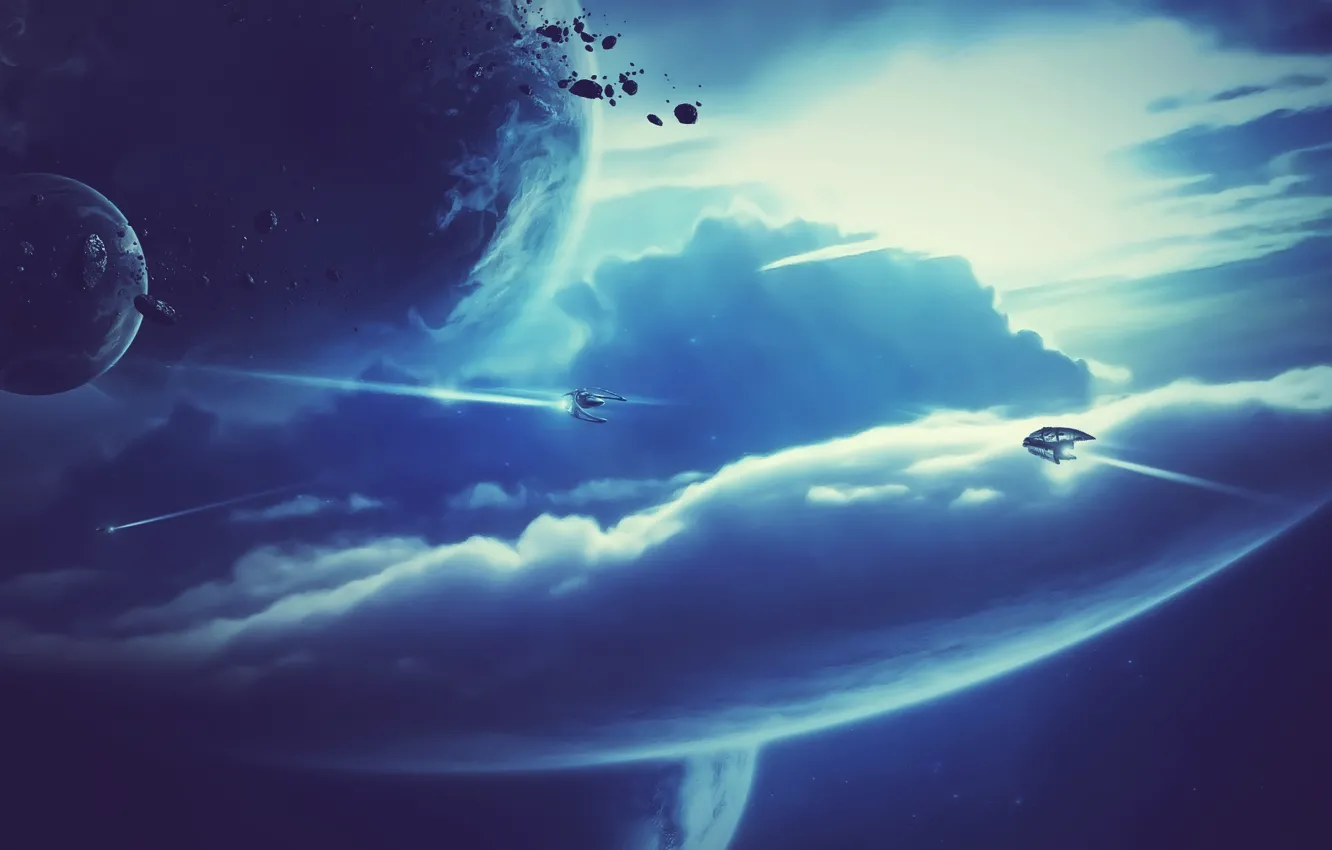 Photo wallpaper space, planet, ships