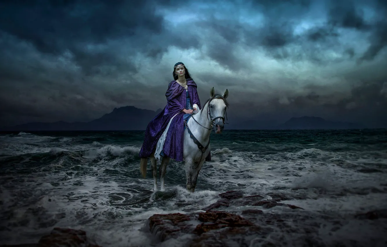 Photo wallpaper sea, girl, clouds, horse, shore, horse, twilight, Princess