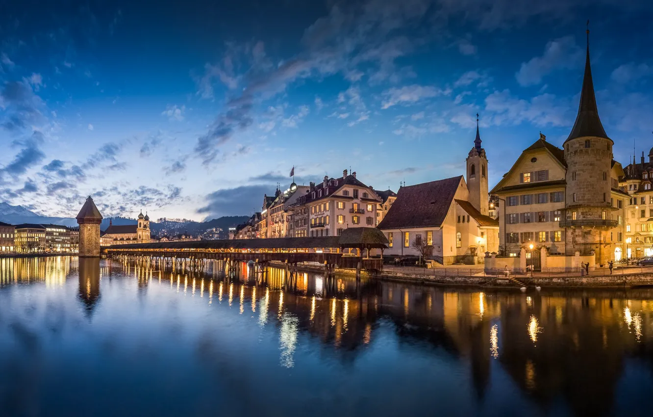 Photo wallpaper night, lights, lake, building, Switzerland, promenade, Lucerne