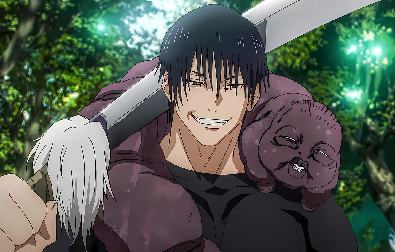 Photo wallpaper trees, smile, spirit, sword, katana, anime, high quality, A magical battle