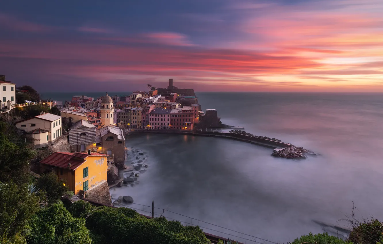 Photo wallpaper sea, landscape, sunset, mountains, the city, home, the evening, Italy
