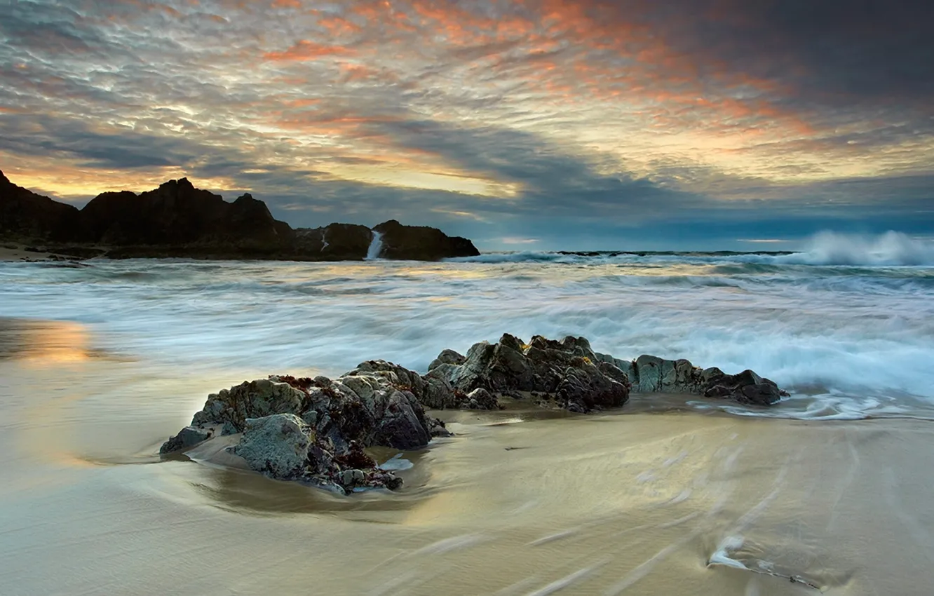 Photo wallpaper sea, wave, sunset, clouds, stones, rocks, coast
