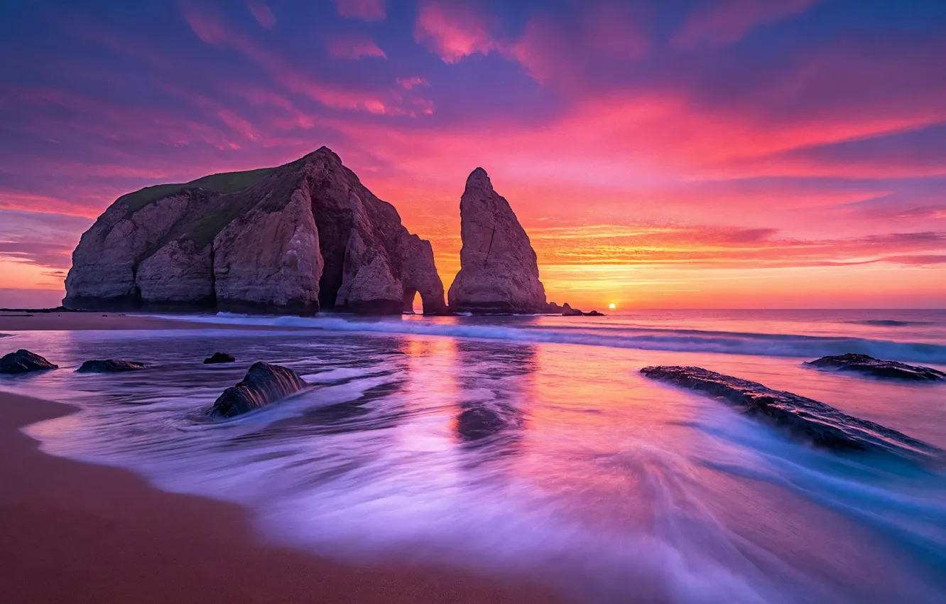 Photo wallpaper sea, wave, landscape, sunset, rocks