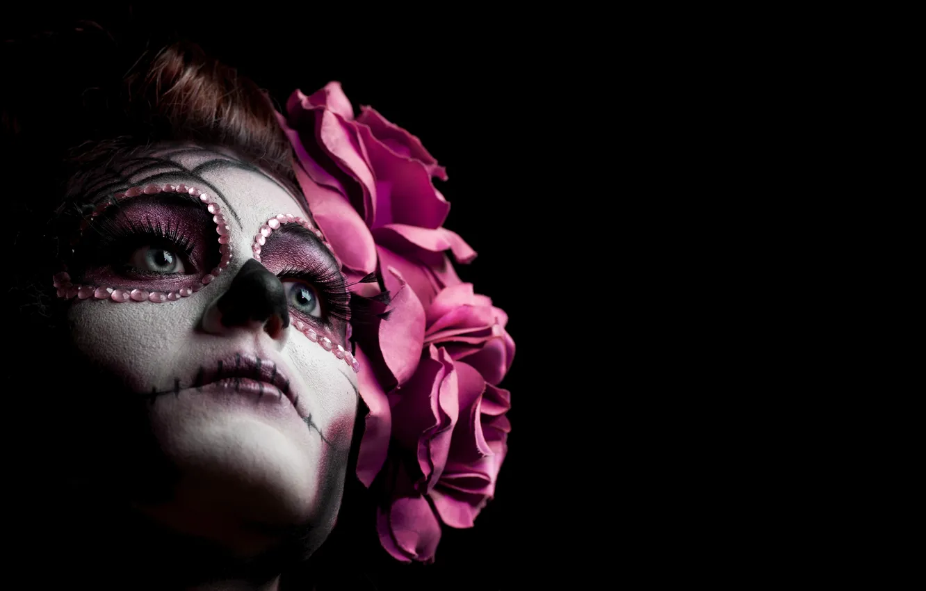 Photo wallpaper woman, makeup, pink sugar skull