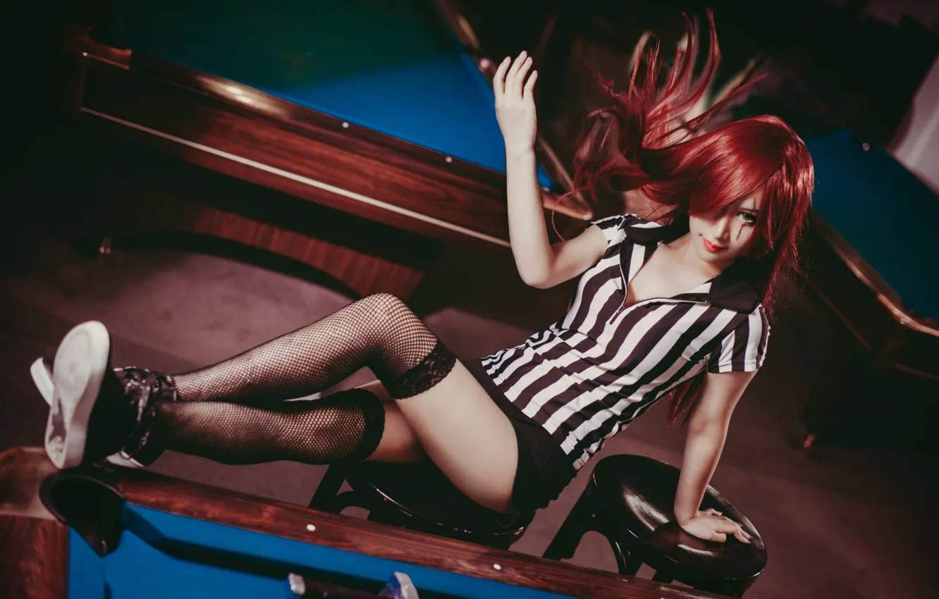 Photo wallpaper girl, stockings, Billiards, legs, sitting, long hair, Katarina, red hair