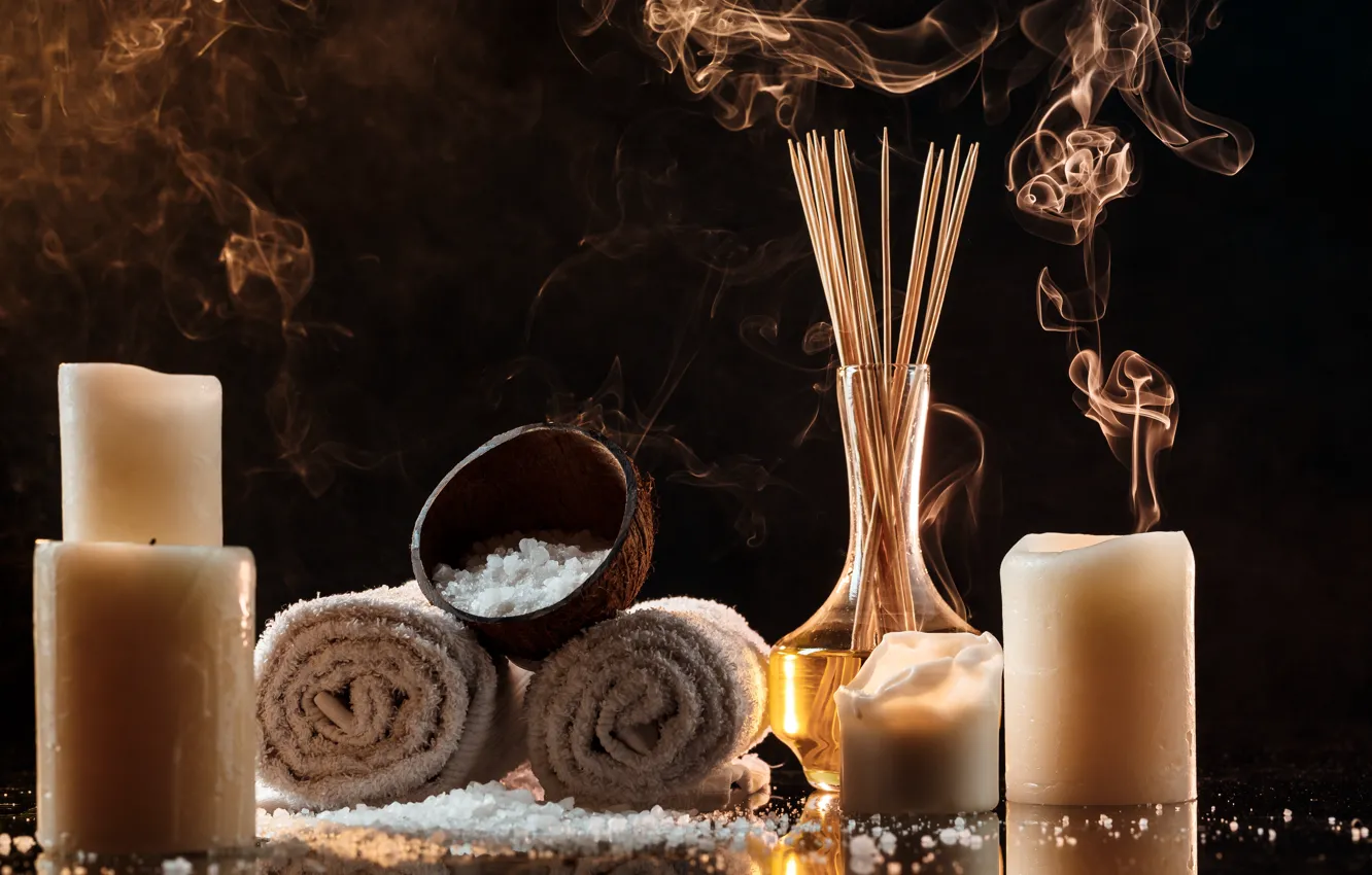 Photo wallpaper light, the dark background, smoke, towel, sticks, candles, bowl, placer