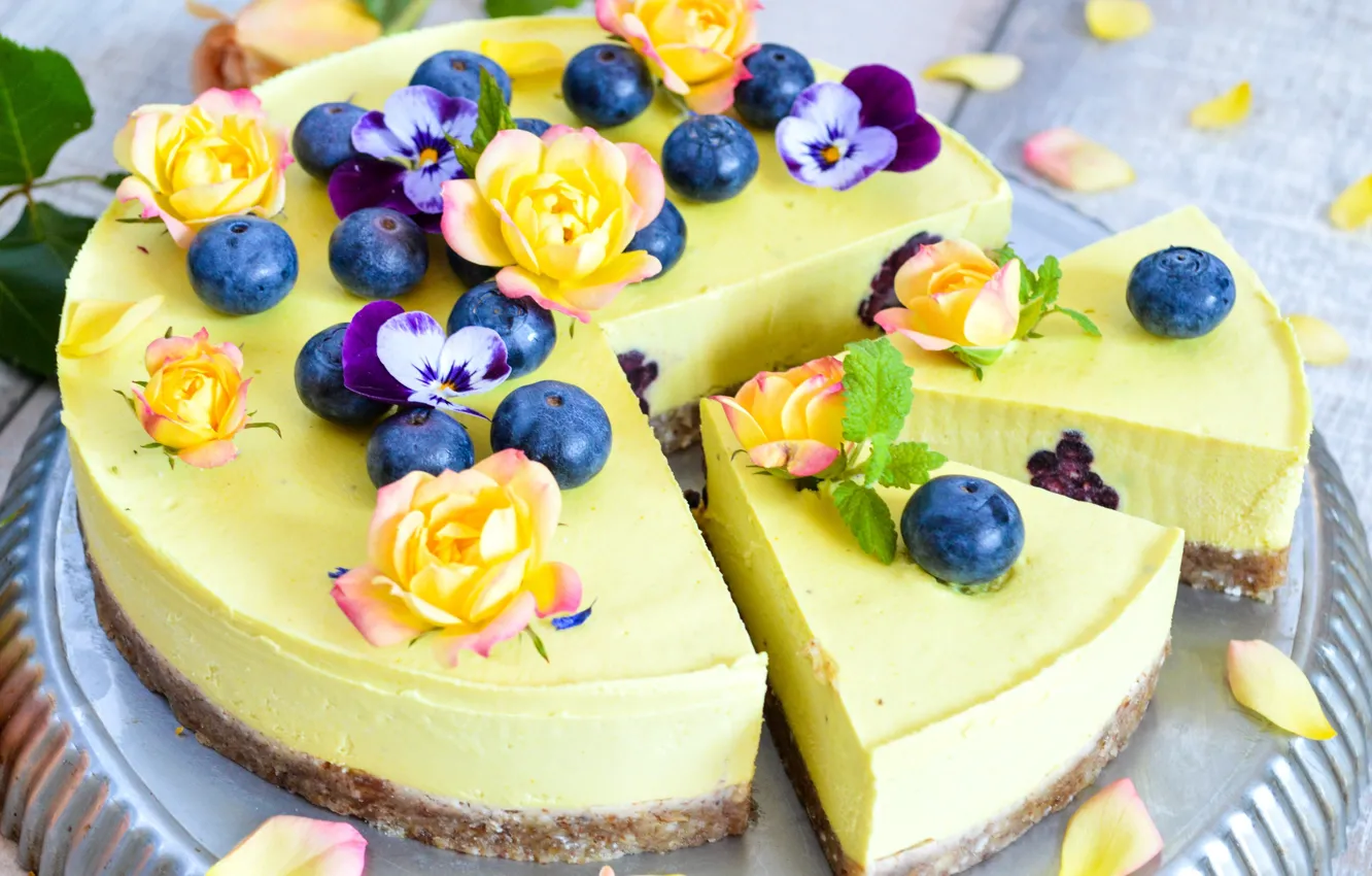 Photo wallpaper roses, cake, blueberries, cheesecake
