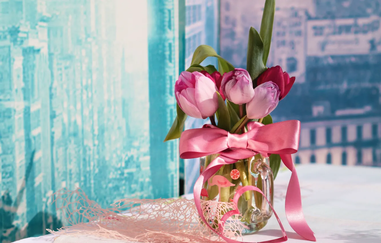Photo wallpaper flowers, bouquet, tape, tulips, pitcher