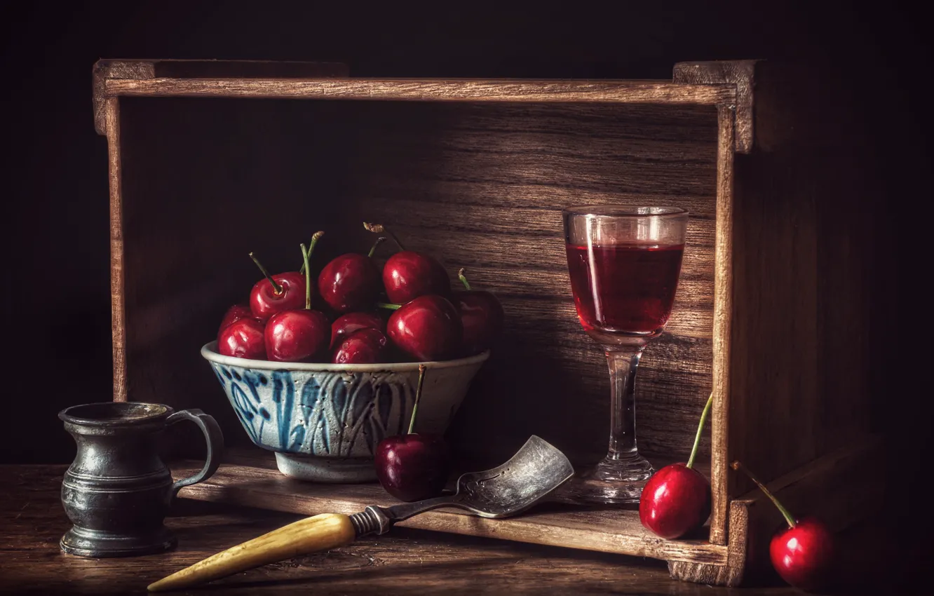 Photo wallpaper cherry, style, wine, glass, still life, box, blade, a glass of wine