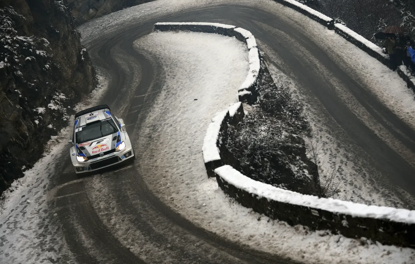 Photo wallpaper Winter, Snow, Volkswagen, Red Bull, WRC, Rally, Polo, The rise