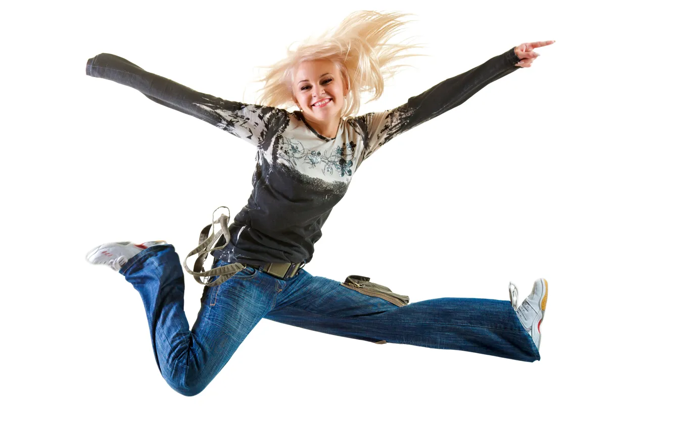 Photo wallpaper girl, joy, pose, smile, mood, jump, jeans, makeup