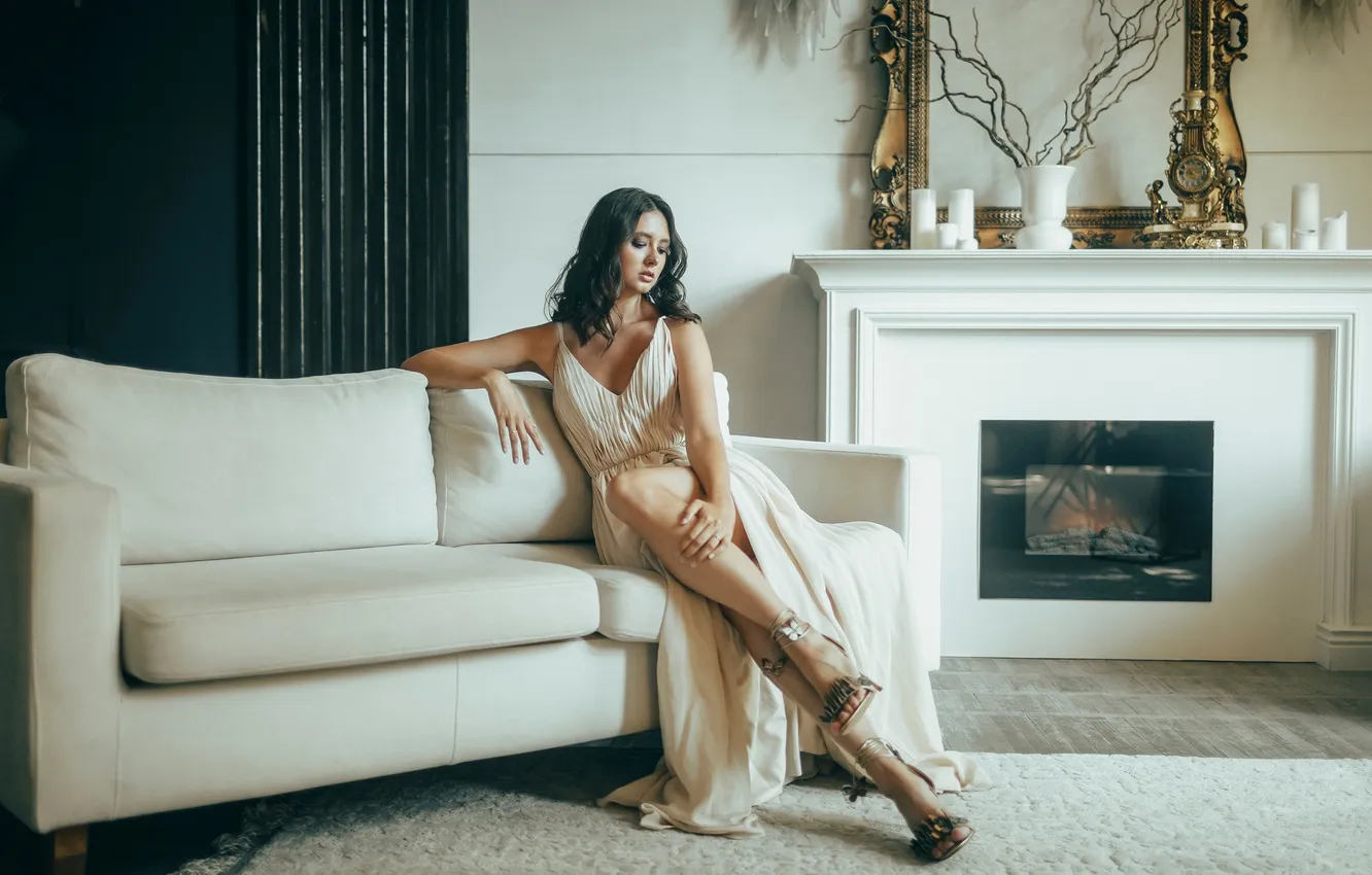 Photo wallpaper girl, pose, sofa, dress, fireplace, legs, Disha Shemetova, DISHA Shemetova