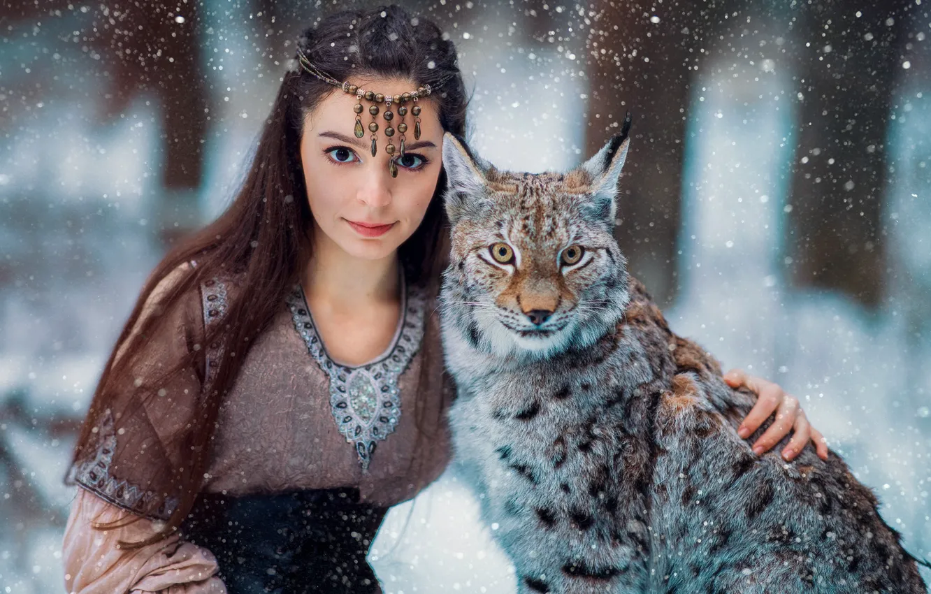 Photo wallpaper look, girl, snow, face, lynx, friends, wild cat, long hair