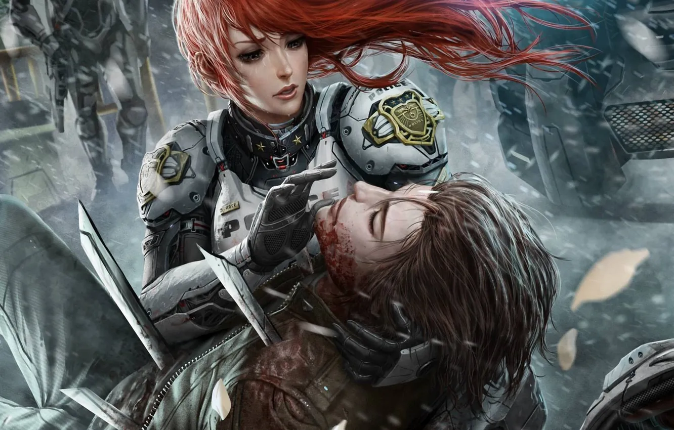 Photo wallpaper sadness, girl, snow, the wind, art, red, guy, wounds