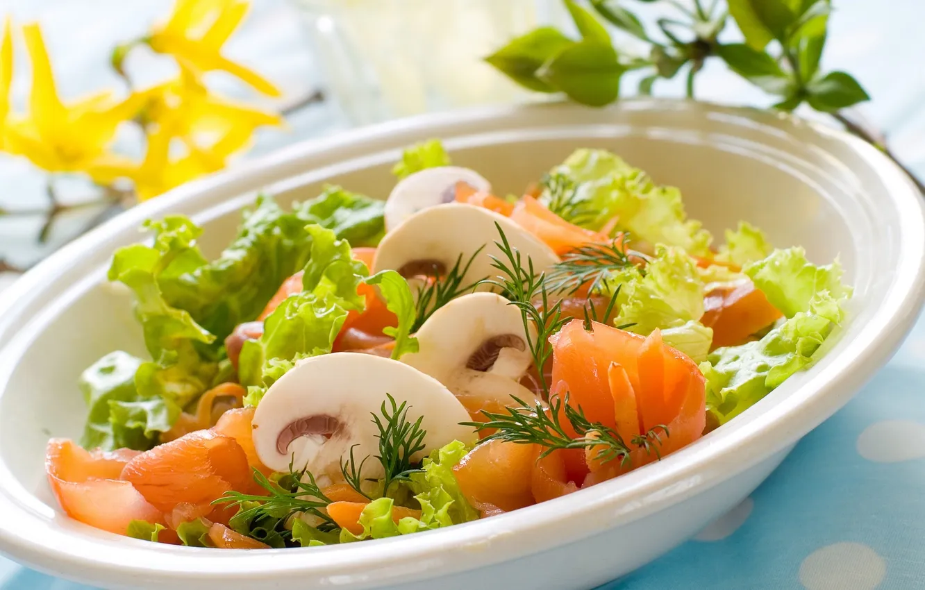 Photo wallpaper mushrooms, dill, plate, plate, pepper, salad, mushrooms, pepper