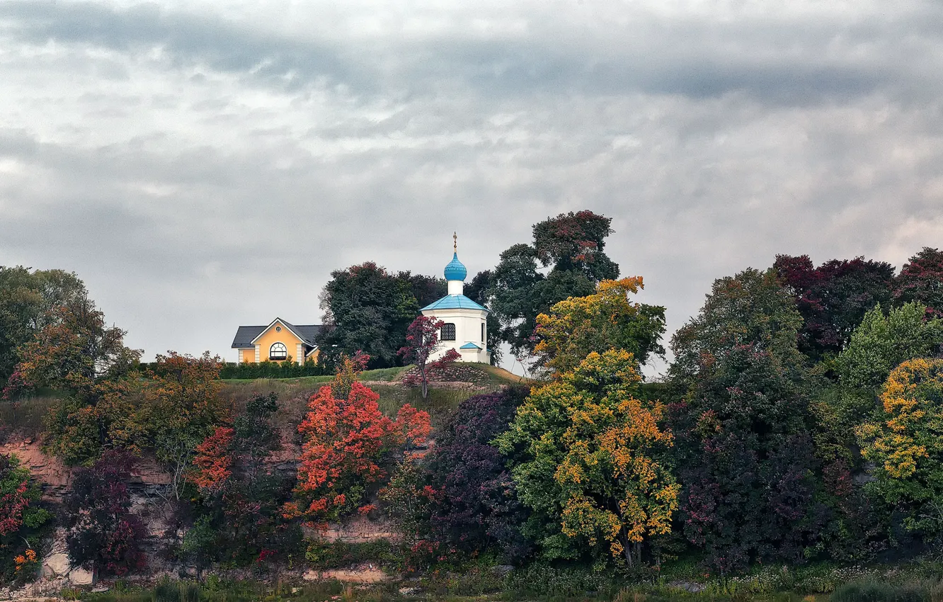 Photo wallpaper trees, clouds, Church