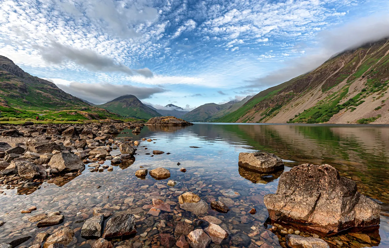 Photo wallpaper the sky, water, mountains, lake, stones, England, lake, England